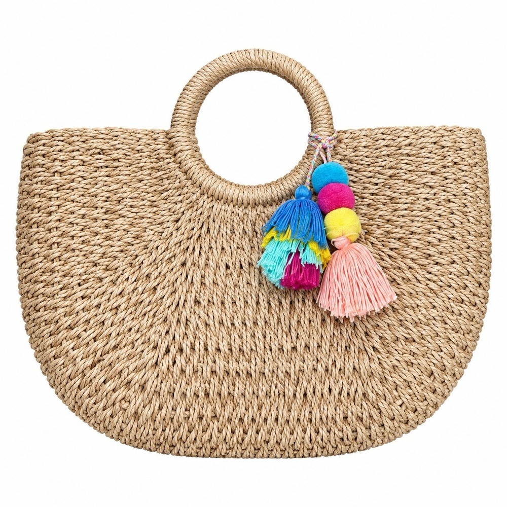 Women's Large Straw Beach Tote Bag Hobo Summer Handwoven Bags Purse wth Pom Poms